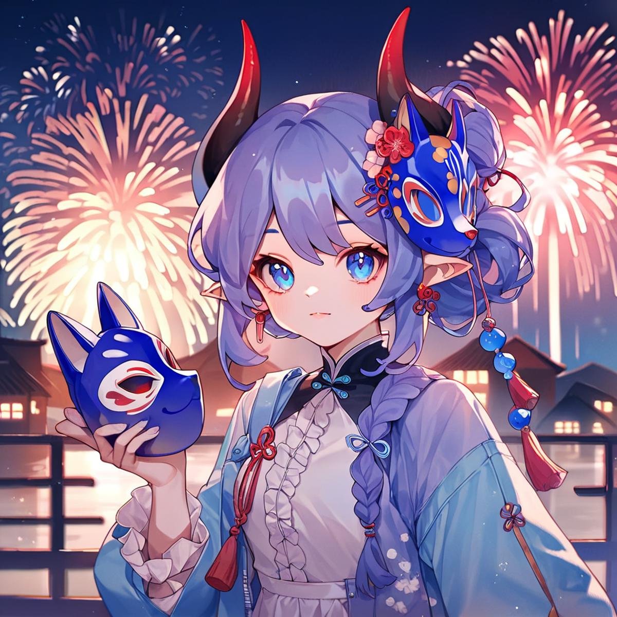 score_9, score_8_up, score_7_up, score_6_up, score_5_up, score_4_up,<lora:cute_style_pony_v2:0.6>,CuteStyle,chibike, 1girl, fireworks, mask, blue eyes, horns, solo, pointy ears, jewelry, looking at viewer, holding mask, sample , hair ornament