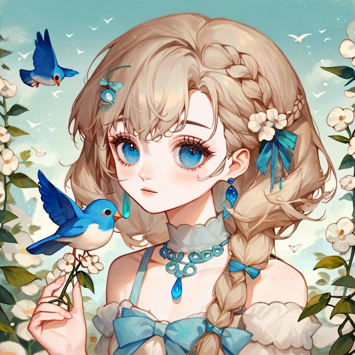 score_9, score_8_up, score_7_up, score_6_up, score_5_up, score_4_up,CuteStyle,cuteeyes, 1girl, flower, blue eyes, braid, solo, bird, holding, jewelry, earrings, hair ornament, white flower, looking at viewer ,<lora:cute_style_pony_v2:0.8>