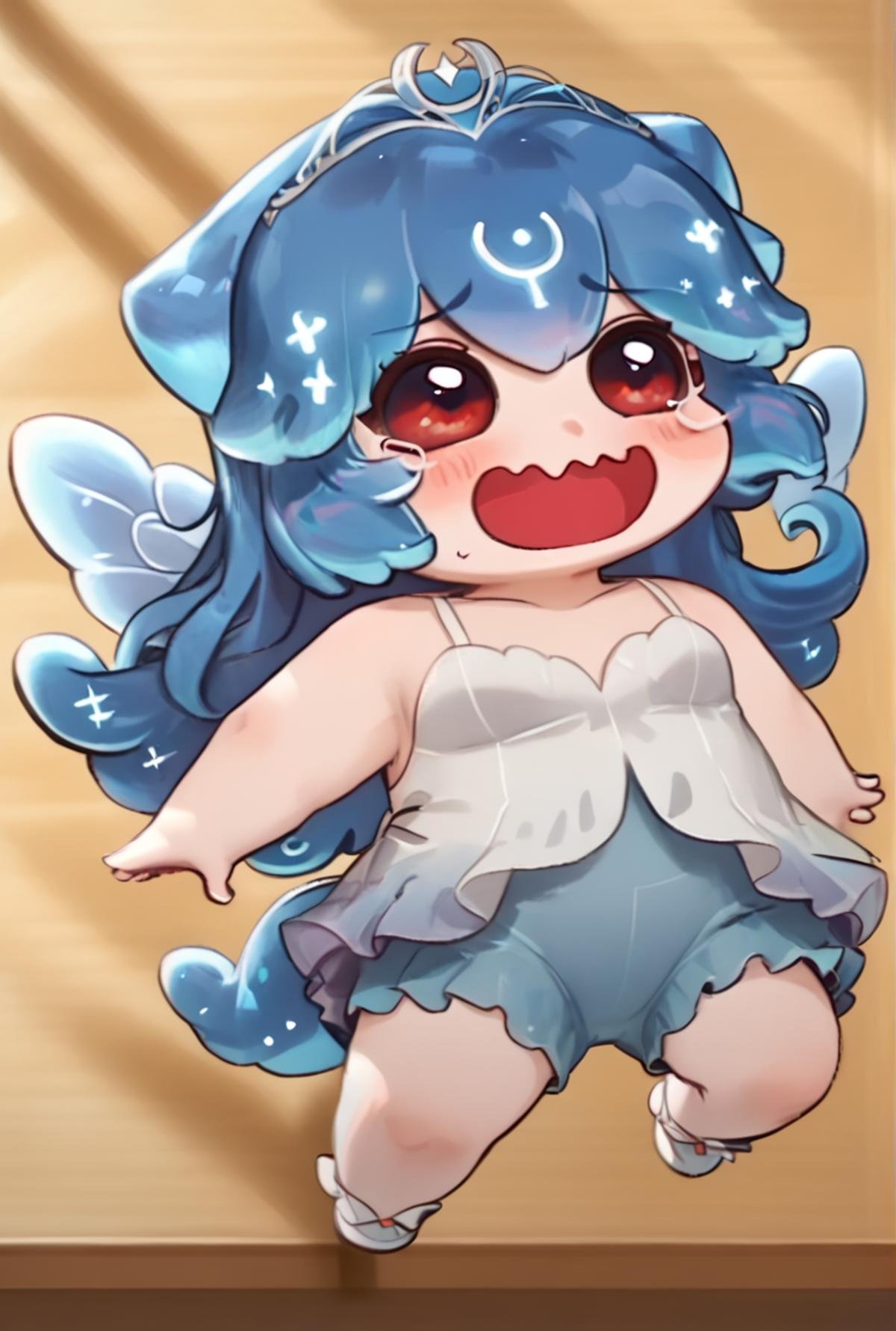 (score_9, score_8_up, score_7_up, score_6_up, score_5_up, score_4_up),BaoTheWhale,chibi bao,1girl,pillow princess outfit,,solo,long hair,open mouth,bangs,red eyes,blue hair,full body,wings,virtual youtuber,happy,chibi,wavy mouth,monster girl,liquid hair <lora:bao_vtuber_pony:0.8>