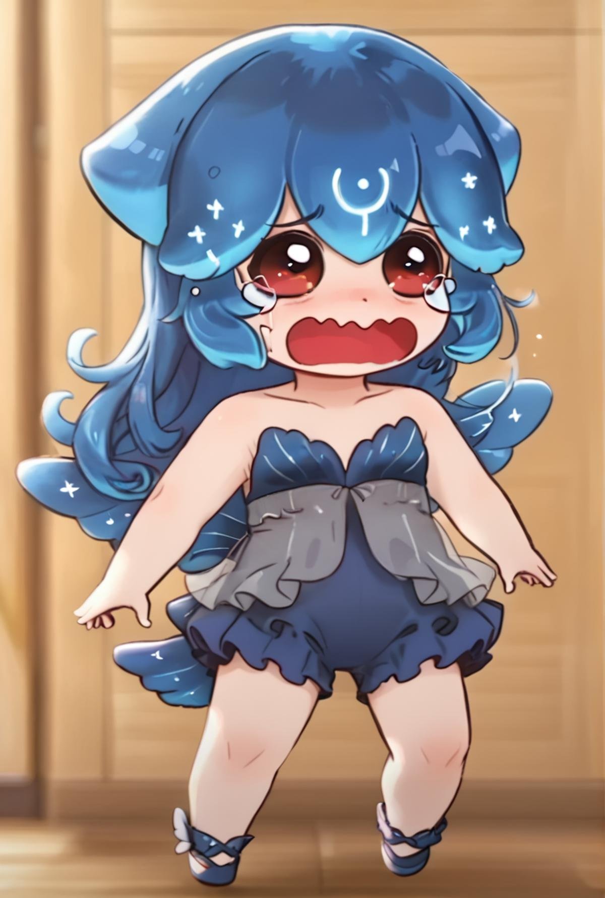 (score_9, score_8_up, score_7_up, score_6_up, score_5_up, score_4_up),BaoTheWhale,chibi bao,1girl,solo,long hair,open mouth,bangs,red eyes,blue hair,full body,wings,virtual youtuber,tears,chibi,fancy outfit,wavy mouth,crying,monster girl,liquid hair <lora:bao_vtuber_pony:0.8>
