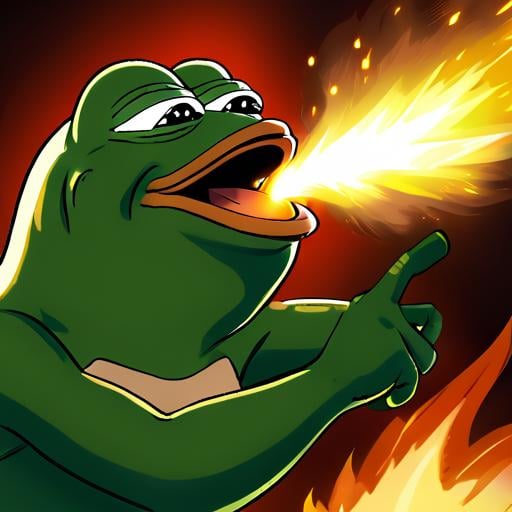 <lora:FireBreath:1> breathing fire, pepe the frog , solo,1man,frog,open mouth, male, muscular, solo <lora:ponydiffusionv6_pepethefrog:1>,fire bolt,blowing fire