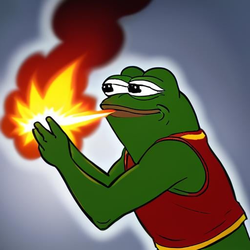 <lora:FireBreath:1> breathing fire, pepe the frog , solo,1man,frog,open mouth, male, muscular, solo <lora:ponydiffusionv6_pepethefrog:1>,fire bolt,blowing fire