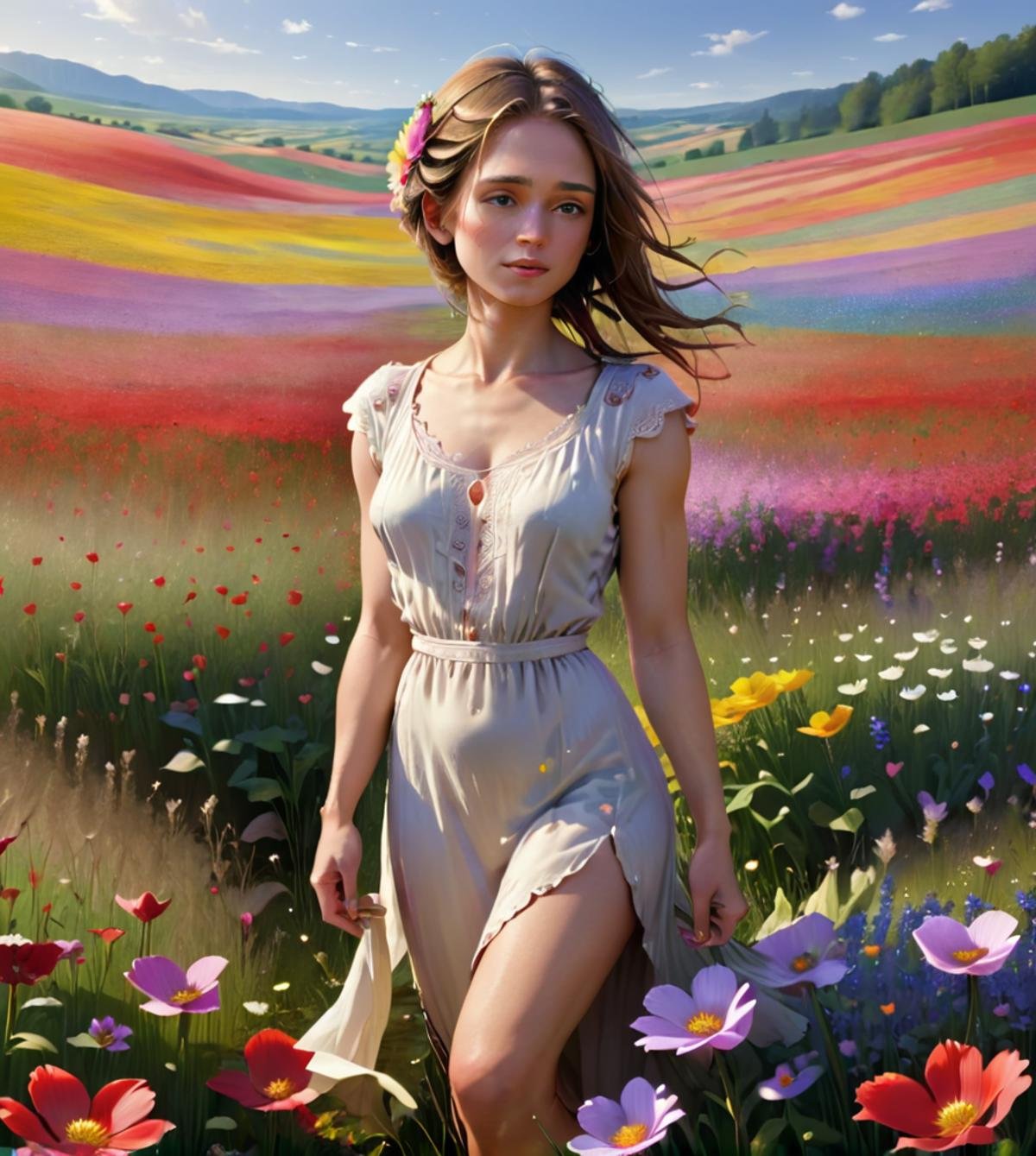 masterpiece,high resolution,detailed,<lora:earth_xl:0.8>earthmode,1 woman,solo,flowers,petails,field