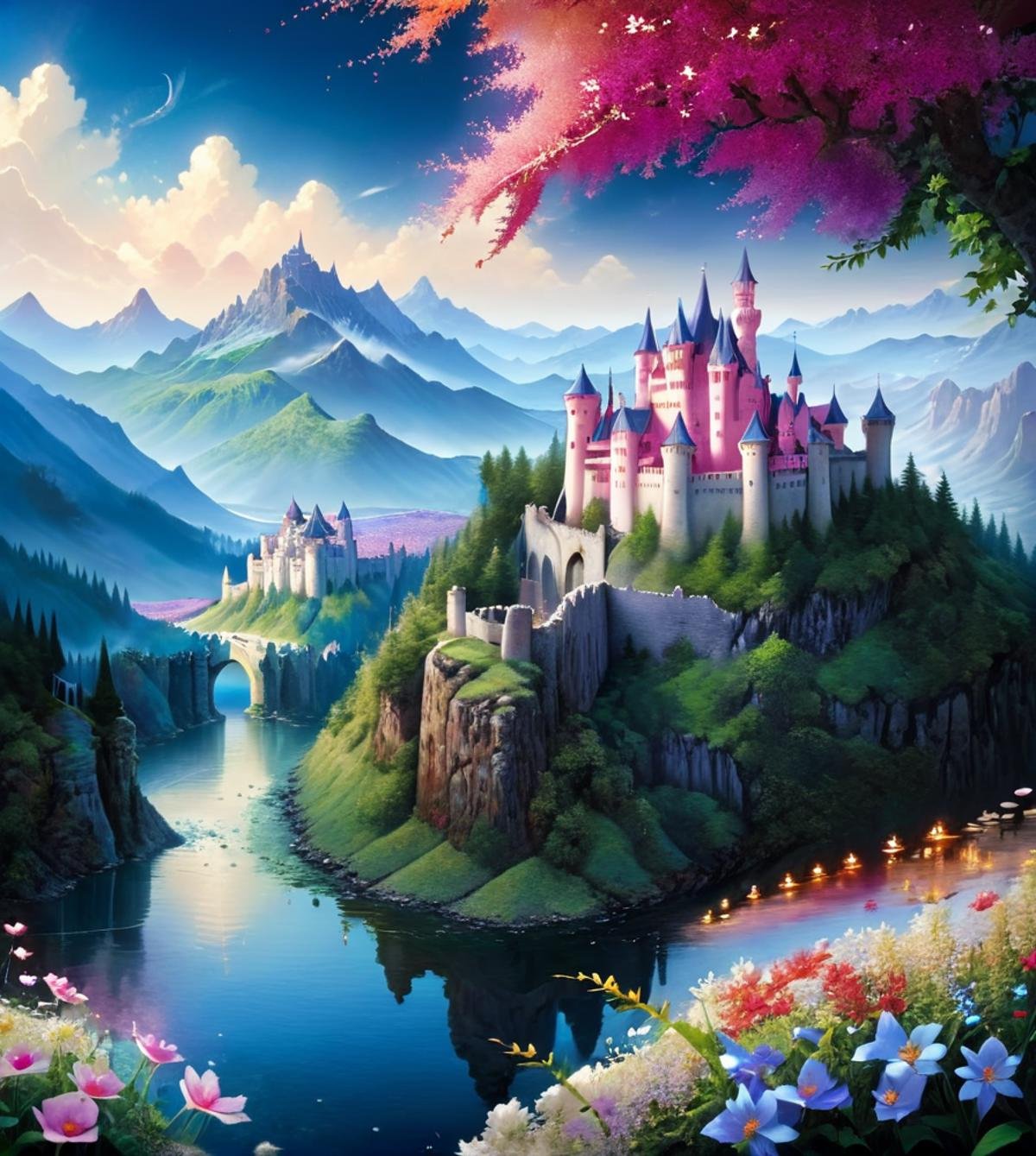 masterpiece,high resolution,detailed,<lora:earth_xl:0.8>earthmode, , scenery, tree, no humans, flower, outdoors, nature, water, castle, mountain, sky