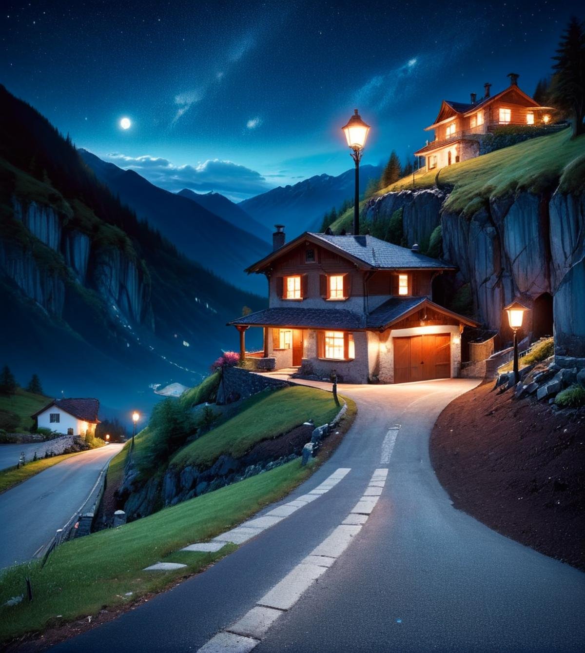 masterpiece,high resolution,detailed,<lora:earth_xl:0.8>earthmode, , no humans, scenery, outdoors, sky, lamppost, night, road, building, night sky, house in the mountain