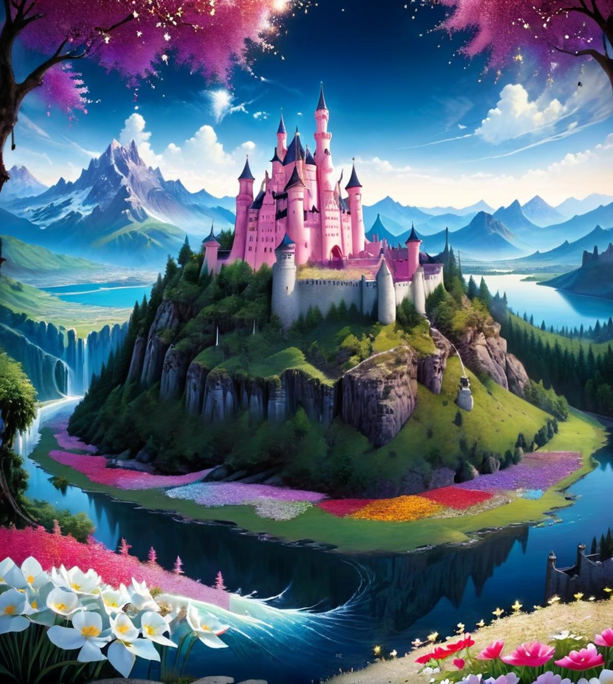 masterpiece,high resolution,detailed,<lora:earth_xl:0.8>earthmode, , scenery, tree, no humans, flower, outdoors, nature, water, castle, mountain, sky