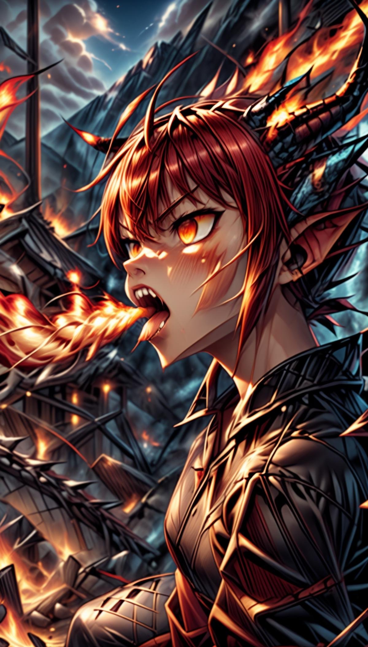 masterpiece,absurd resolution,,(Best quality:1.2), highres, (scenary:1.2),makima \(chainsaw man\) , breathing fire, fire bolt,detailed sharp teeth, blowing out fire trought mouth,,small cat ears,small dragon horns,open mouth,sitting,side view,huge fire bolt <lora:FireBreathSD:1>,detailed tongue, <lora:add_detail:0.8> <lora:more_details:0.8> <lora:makima_offset:1>,angry face,angry facial emotions,perfect body anatomy