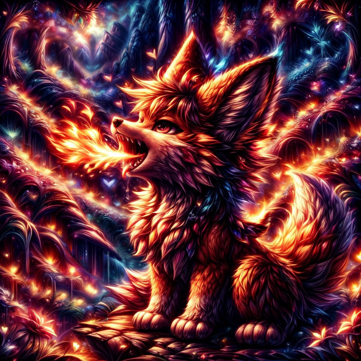 ValentineNatureStyle, heart shaped flowers backround,outdoors,sky,masterpiece,absurd resolution,,(Best quality:1.2), highres, heart shaped nature(scenary:1.2),cute small fluffy fox , breathing fire,detailed sharp teeth, blowing out fire trought mouth,small fluffy wings,small fox ears,open mouth,sitting,side view, <lora:FireBreathSD:0.6>,detailed tongue, <lora:add_detail:0.8> <lora:more_details:0.8>,<lora:ValentineNatureStyle:2>