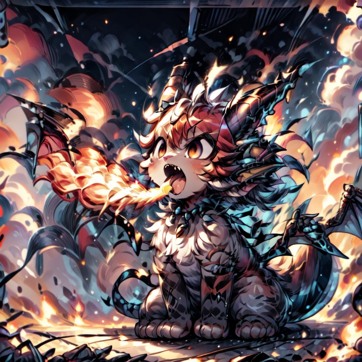 masterpiece,absurd resolution,,(Best quality:1.2), highres, (scenary:1.2),<lora:cat_20230627113759:0.9>,cute small fluffy cat , breathing fire, fire bolt,detailed sharp teeth, blowing out fire trought mouth,small fluffy wings,small cat ears,small dragon horns,open mouth,sitting,side view,huge fire bolt <lora:FireBreathSD:1>,detailed tongue, <lora:add_detail:0.8> <lora:more_details:0.8>