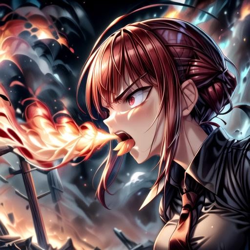 masterpiece,32k,best quality,(Best quality:1.2), highres, (scenary:1.2),solo,1girl,makima \(chainsaw man\) , breathing fire, fire bolt, blowing out fire trought mouth,open mouth,side view,huge fire bolt <lora:FireBreathSD:1>,detailed tongue, <lora:add_detail:0.8> <lora:more_details:0.8> <lora:makima_offset:1>,angry face,angry facial emotions,perfect body anatomy,apocalipse backround