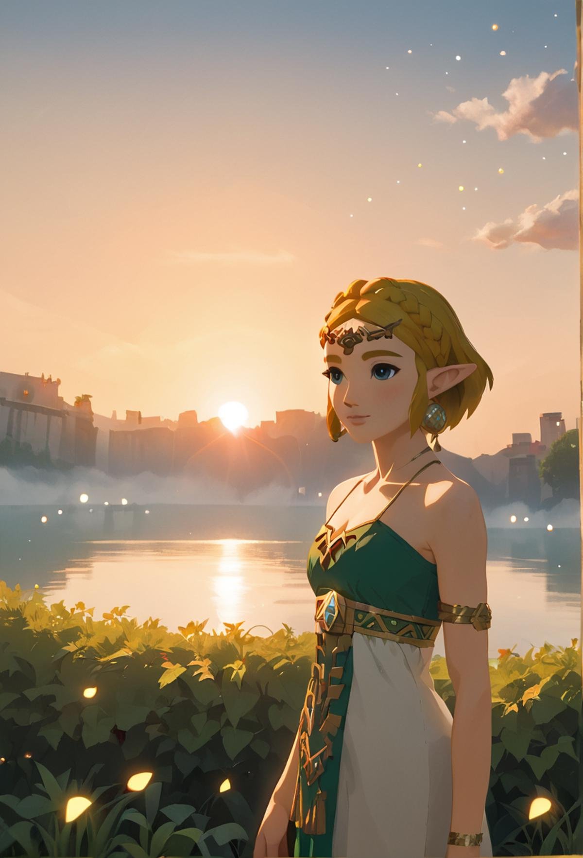 masterpiece,absurd resolution,8k,score_9, score_8_up, score_7_up, ,source_anime BREAKzeldaPony, Zonai White and Green Dress, 1girl, solo,natural lights,detailed shadows,sunset <lora:zelda_pony:0.8>