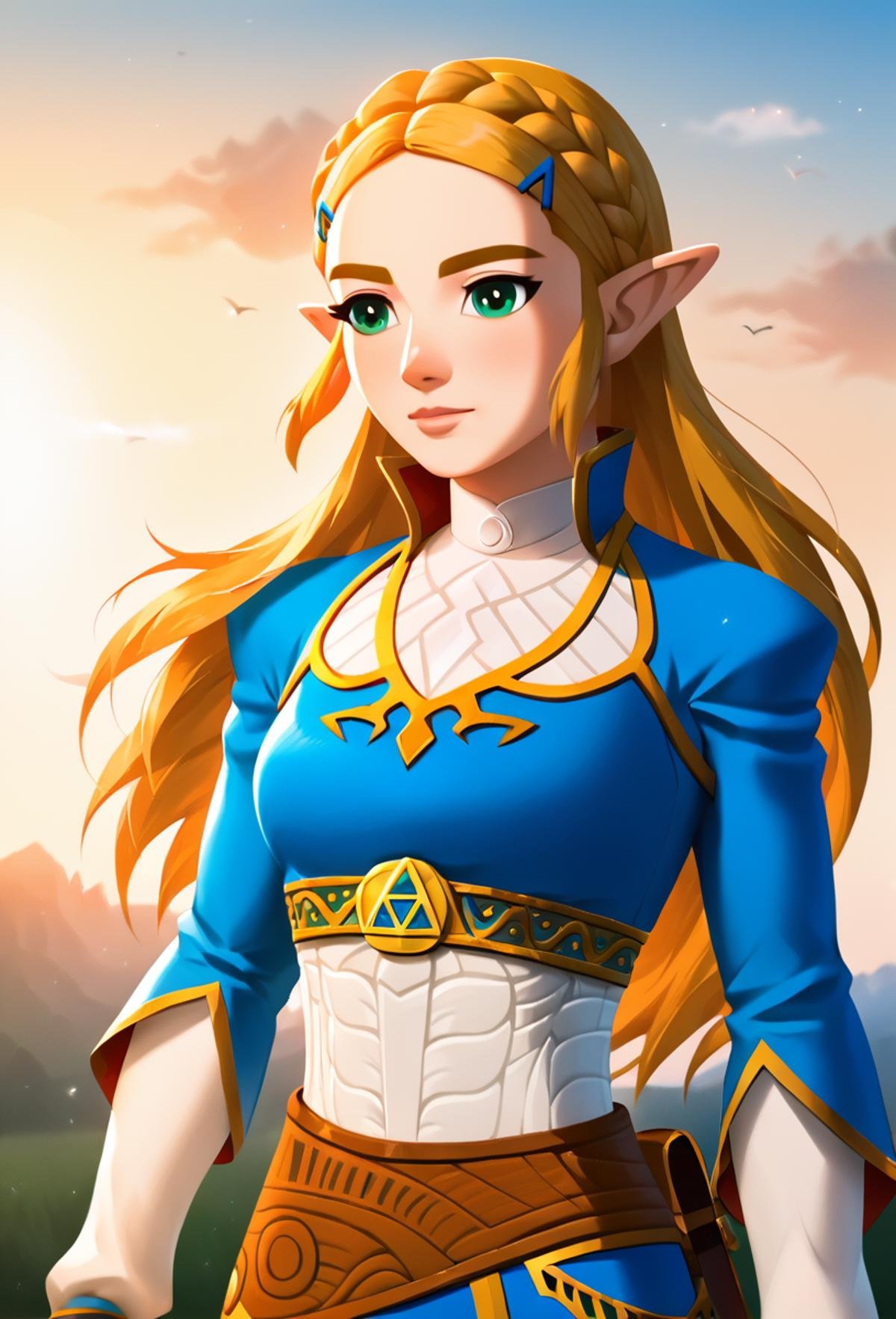 masterpiece,absurd resolution,8k,score_9, score_8_up, score_7_up, ,source_anime BREAKzeldaPony, Champion Blue Outfit and Cape, score_9, 1girl, solo,natural lights,detailed shadows,sunset <lora:zelda_pony:0.8>