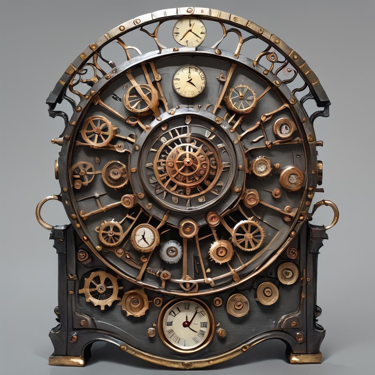 score_9, score_8_up, score_7_up,BREAK overalldetail, <lora:steampunk:0.8>,steampunk,magitech,, no humans, simple background, still life, clock, grey background, gears, 