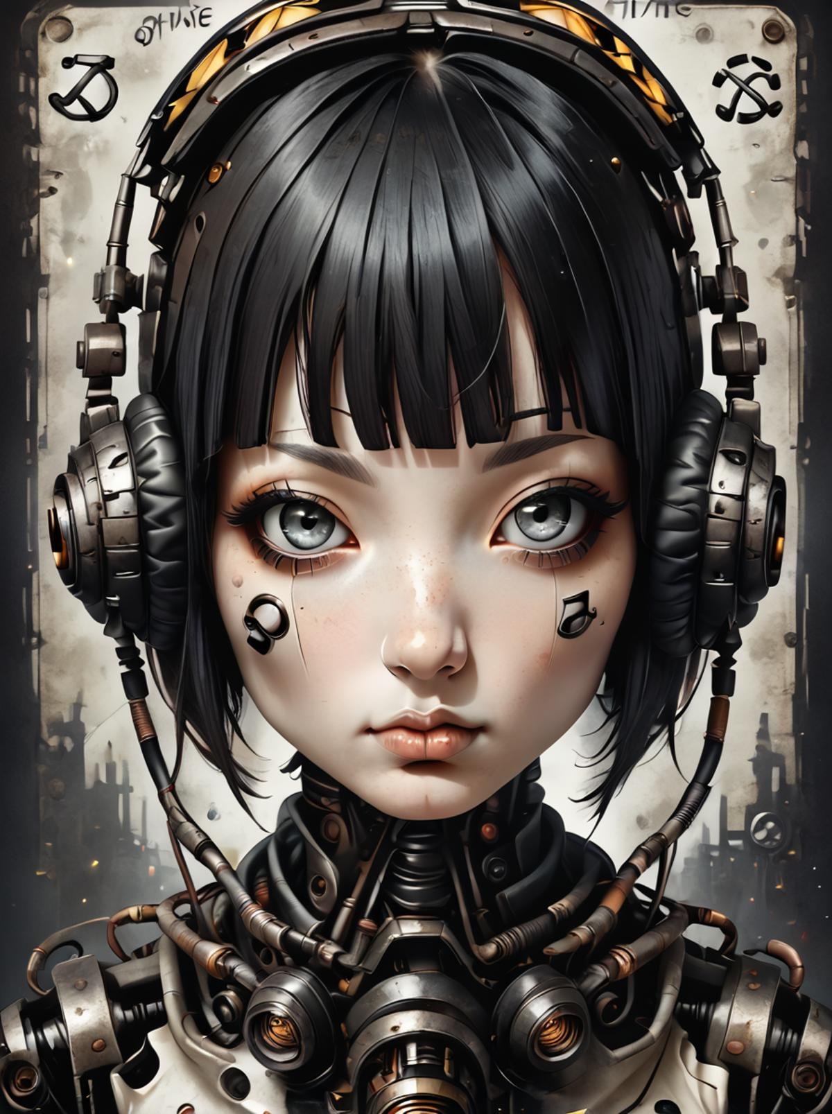 score_9, score_8_up, score_7_up,BREAK overalldetail, <lora:steampunk:0.8>,steampunk,automaton,, 1girl,robot face, solo, black hair, star (symbol), headphones, lips, short hair, grey eyes, looking at viewer, bangs, blunt bangs, 