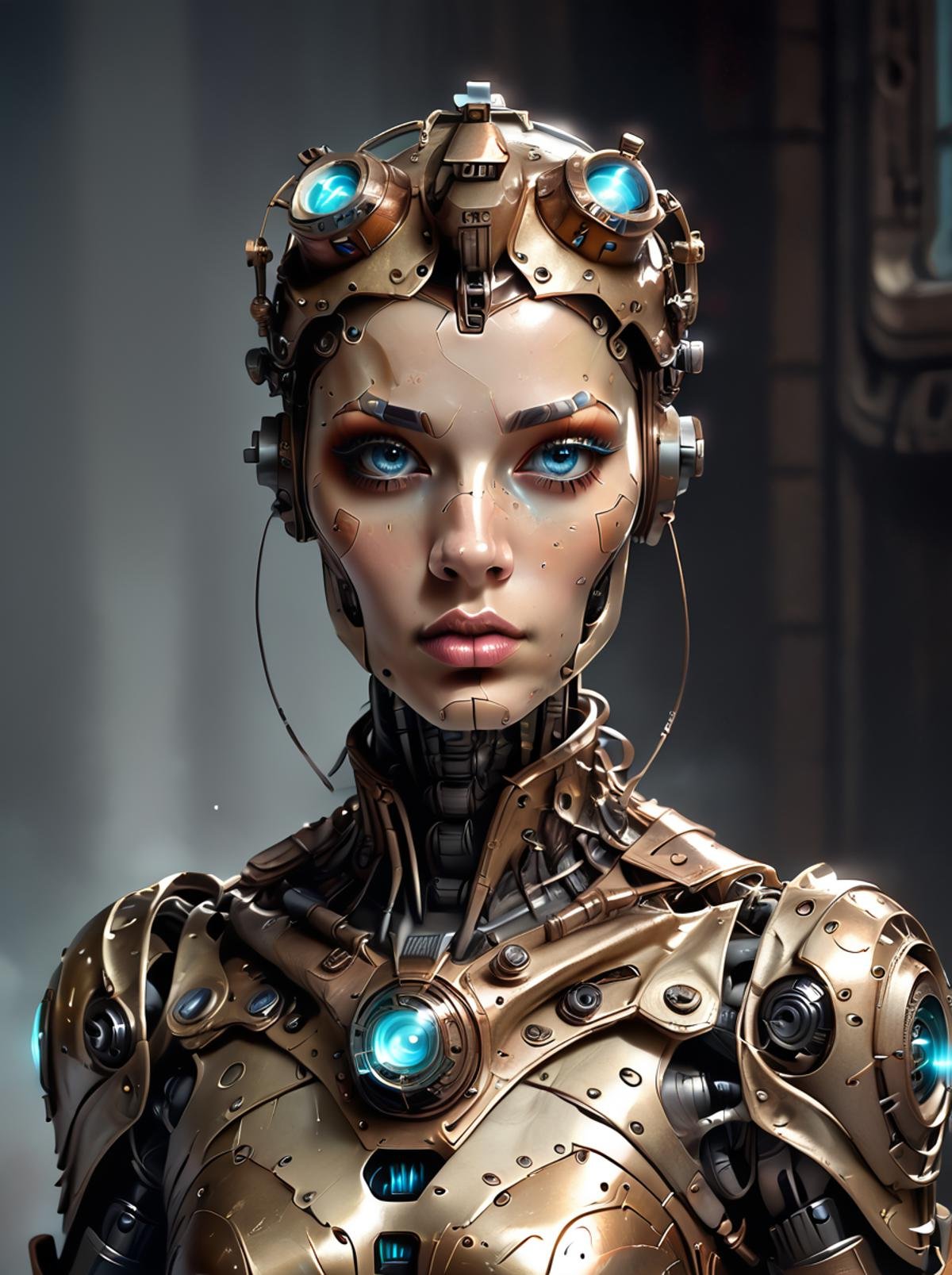 score_9, score_8_up, score_7_up,BREAK overalldetail, <lora:steampunk:0.8>,steampunk,automaton,, 1girl, solo, science fiction, realistic, blue eyes, lips, looking at viewer, armor, robot, upper body, 