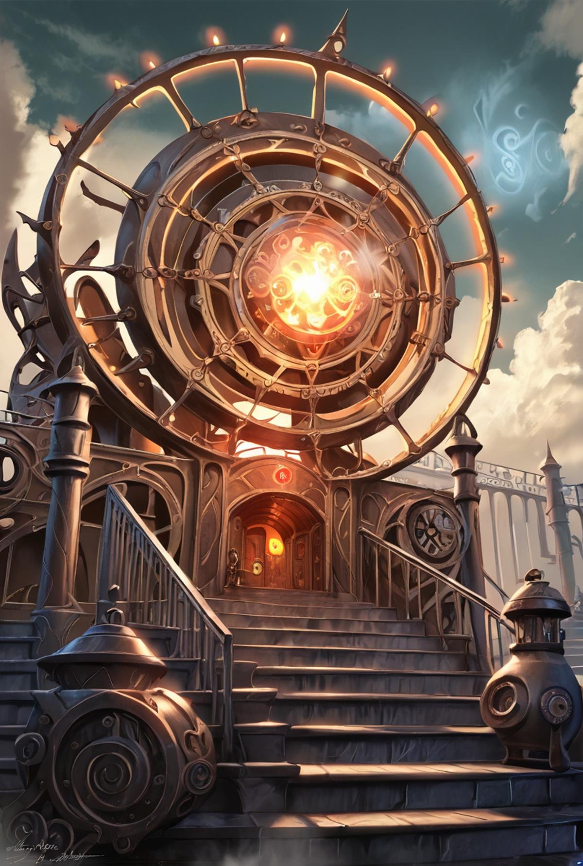 score_9, score_8_up, score_7_up,BREAK overalldetail, <lora:steampunk:0.8>,steampunk,magitech,, no humans, stairs, scenery, sky, signature, glowing, fantasy, light particles, cloud, 
