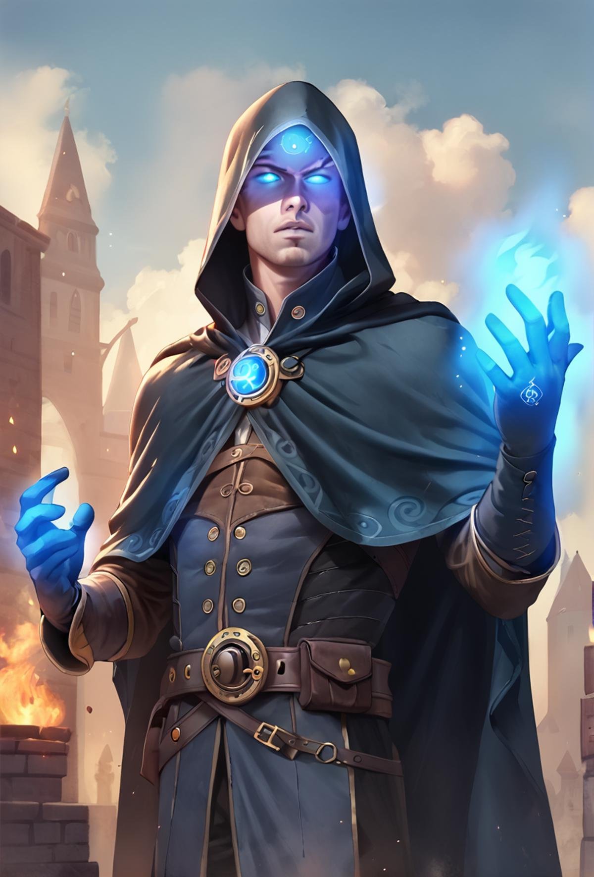 score_9, score_8_up, score_7_up,BREAK overalldetail, <lora:steampunk:0.8>,steampunk,magitech spell,, 1boy, glowing, male focus, glowing eyes, solo, hood, gloves, cape, cloak, magic, fire, belt, sky, blue eyes, blue fire