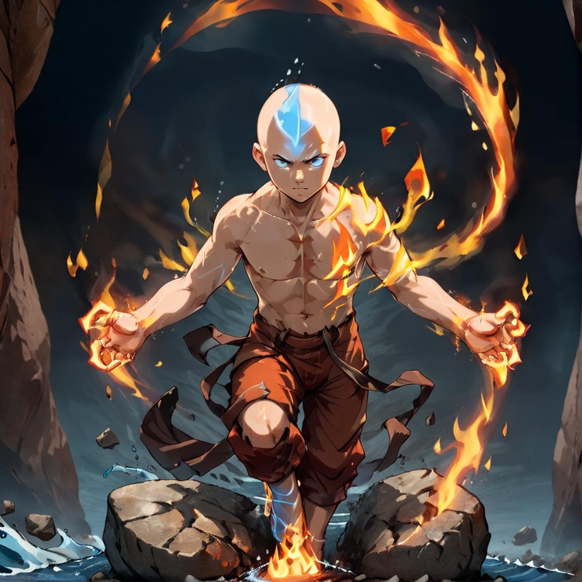 masterpiece,high resolution,detailed,overalldetail,facedetail, <lora:elements_blend:0.8>,elementalfusion, , 1boy, male focus, solo, fire, rock, bald, water, looking at viewer, serious, full body, 4 elements, earth, wind