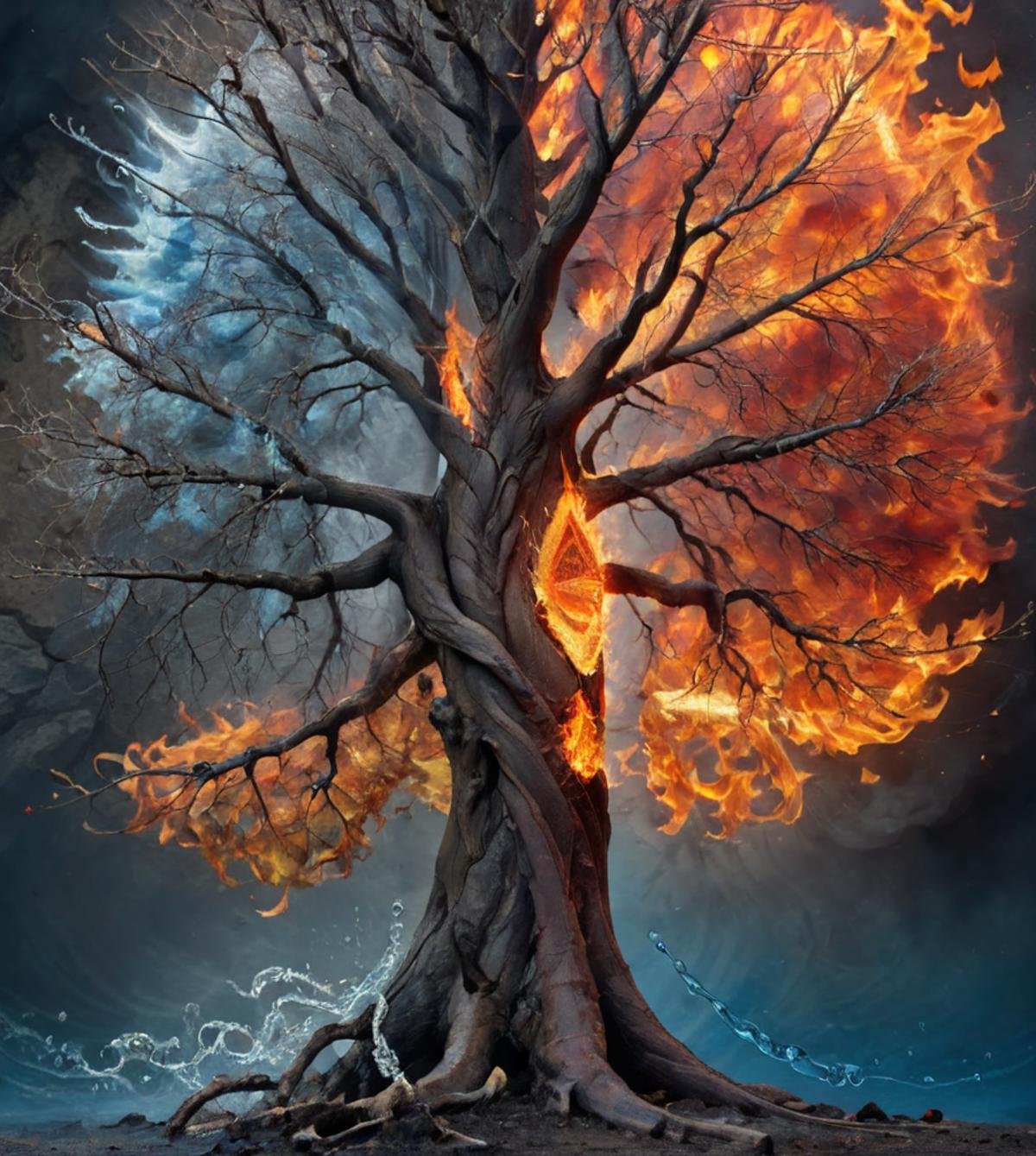 masterpiece,high resolution,detailed, <lora:elements_blend:0.8>,elementalfusion, , tree, fire, no humans, water, solo, earth, air, wind