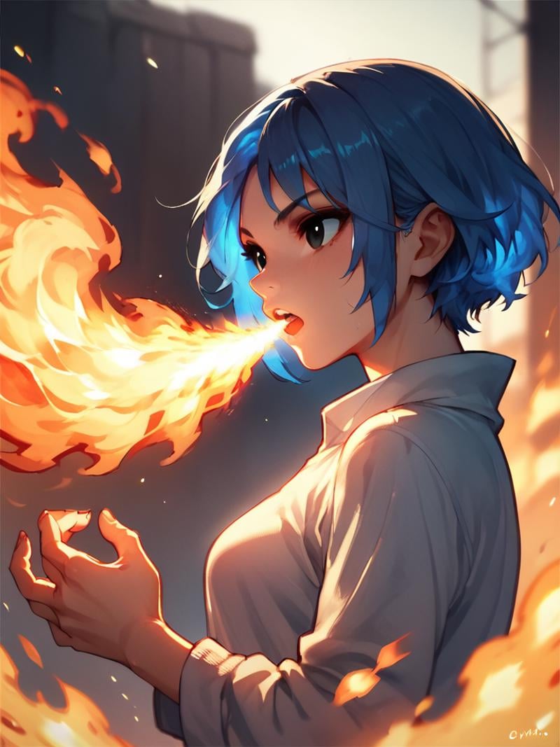 <lora:fire_breath_pony-6:0.6>,FireBreath,score_9,score_8_up,score_7_up,score_6_up,score_5_up,solo,1girl,breathing fire,blue hair,black eyes,looking at viiewer