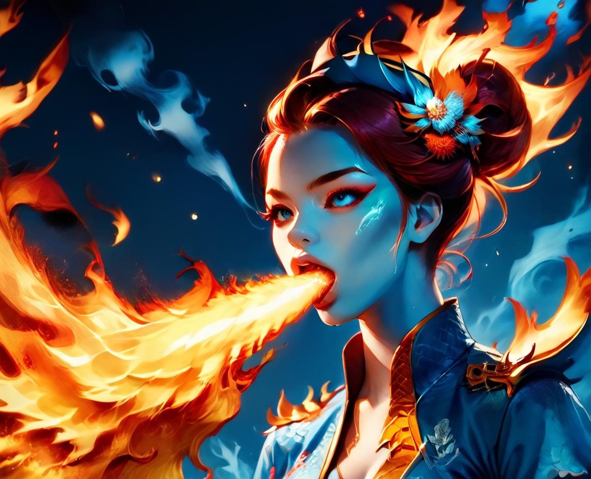 <lora:fire_breath_pony-6:0.8>,FireBreath, score_9,score_8_up,score_7_up,score_6_up,score_5_up, solo,1girl,breathing fire,blue theme,phoenix,firemode, <lora:fire:0.6>