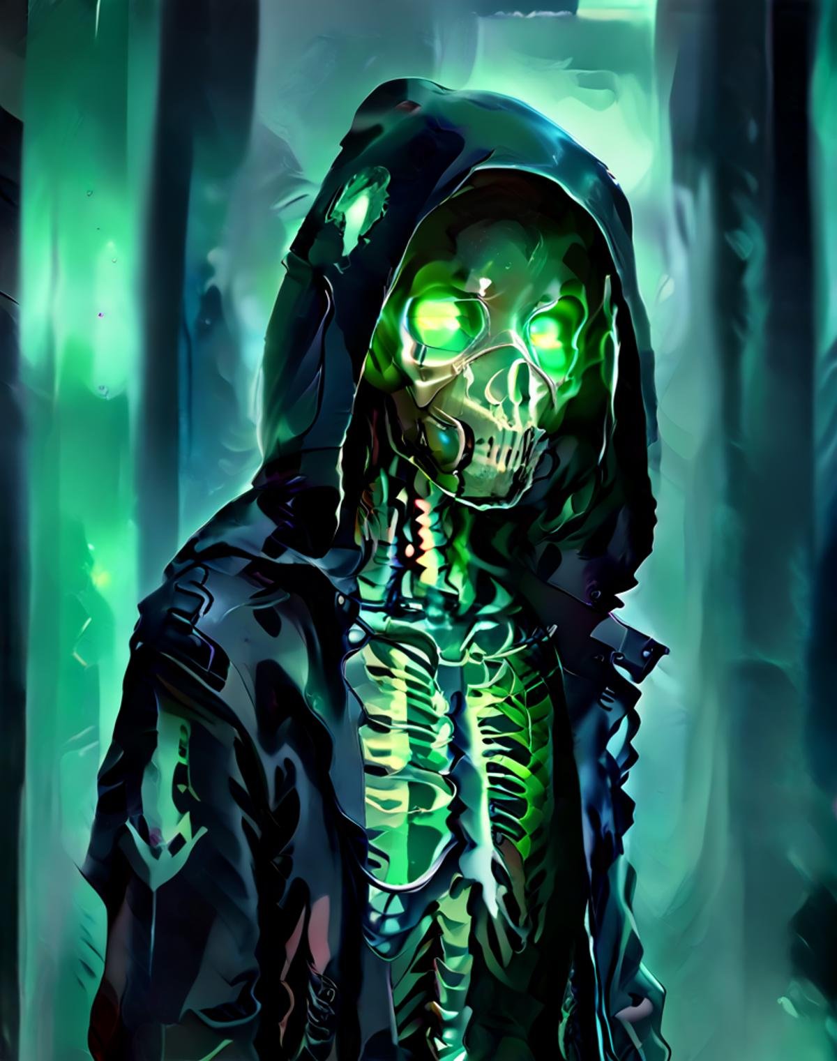 masterpiece,absurd resolution,8k, score_9, score_8_up, score_7_up, score_6_up, score_5_up, score_4_up, , BREAK1man,solo,hood shade,no face,only glowing eyes,monster,hood,green glowing eyes,shaded face,not visible face,dark jacket,dark hood,open jacket,glowing green skeleton body,translcent dark skin,see-trought body,overalldetail,wearing cyberpunk gasmask,monster nitro style gasmask,green neon,realistic shadows,natural lights,detailed futuristic gasmask with green neon and green fog coming out of it, <lora:MonsterNitroPony:0.6>, NitroEnergy,, <lora:LowKeyLightsPony:0.8> ,LowKeyLights, <lora:TranslucentVisibility_pony:1> TranslucentVisibility