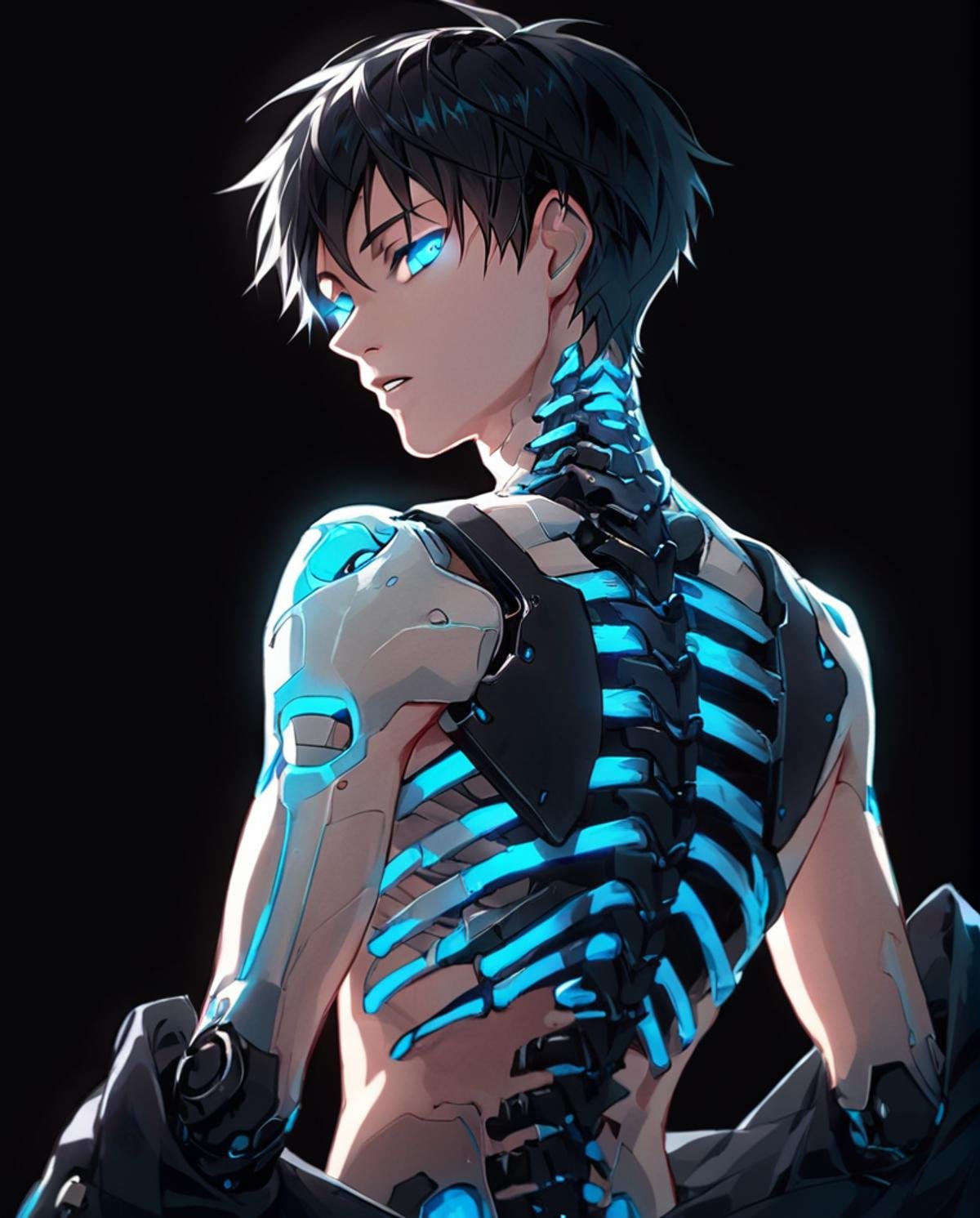 score_9, score_8_up, score_7_up,source_anime, BREAK, <lora:TranslucentVisibility_pony:0.6>,TranslucentVisibility,score_9,solo,looking at viewer,short hair,blue eyes,simple background,black hair,1boy,upper body,male focus,parted lips,looking back,glowing,black background,glowing eyes,spot color,ribs,skeleton,bone,mechanical parts,spine