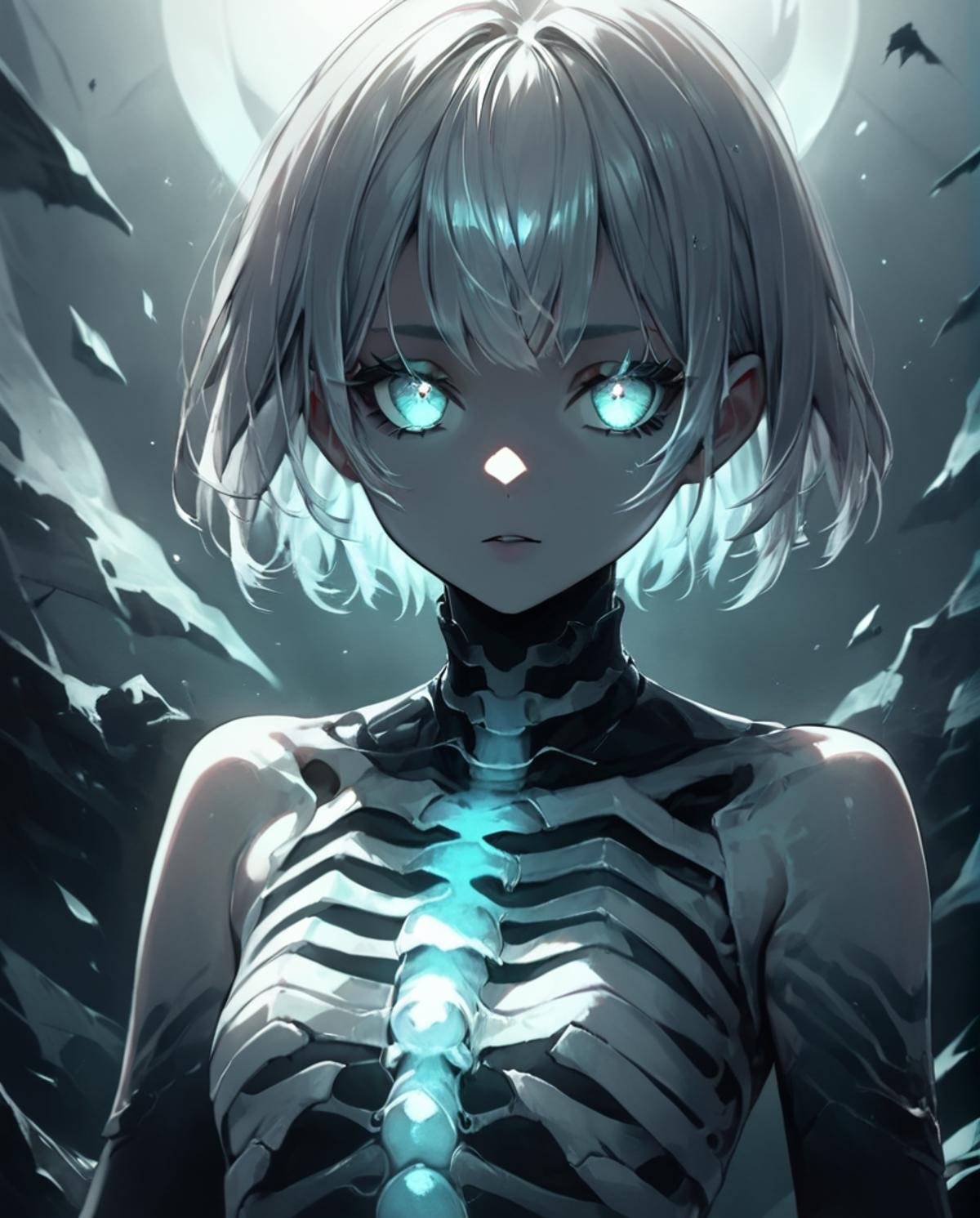 score_9, score_8_up, score_7_up,source_anime, BREAK, <lora:TranslucentVisibility_pony:0.6>,TranslucentVisibility,score_9,1girl,solo,looking at viewer,short hair,bangs,upper body,white hair,grey hair,glowing,glowing eyes,ribs,skeleton,bone,spine