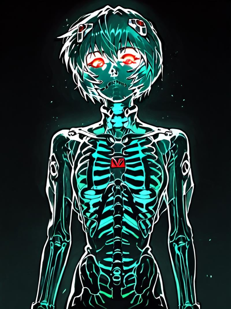 , <lora:TranslucentVisibility_v2_pony:0.8>,score_9, score_8_up, score_7_up,TranslucentVisibility,score_9,1girl,solo,short hair,monochrome,glowing,black background,glowing eyes,ribs,skeleton,bone,horror (theme),spine,ayanami rei