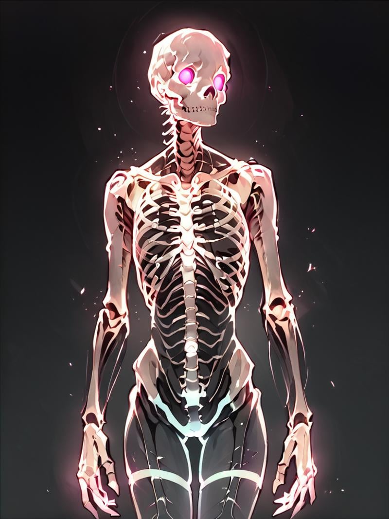 , <lora:TranslucentVisibility_v2_pony:0.8>,score_9, score_8_up, score_7_up,TranslucentVisibility,score_9,solo,standing,cowboy shot,no humans,glowing,thigh gap,black background,ribs,skeleton,spine,glowing skeleton,3 skeleton