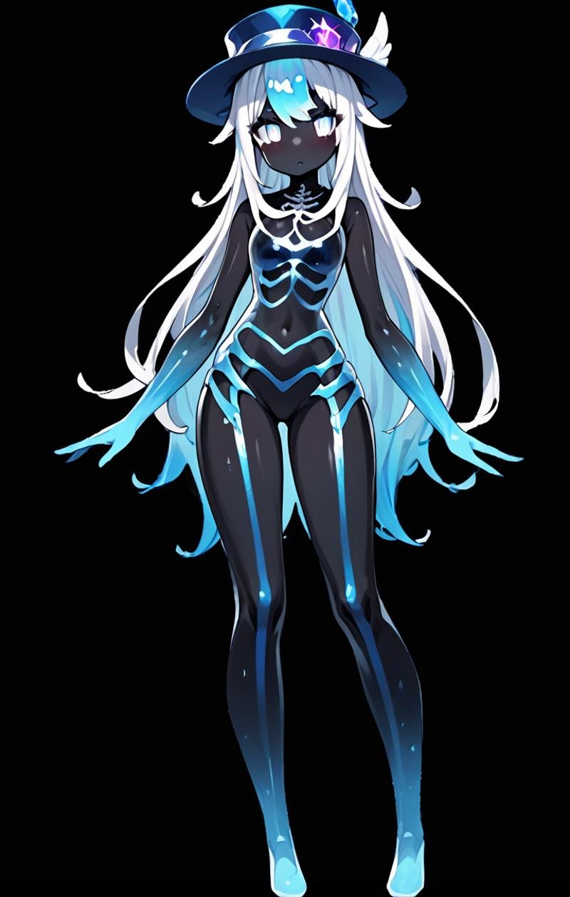 Masterpiece,absurd resolution,high quality,8k,TranslucentVisibility,score_9,1girl,solo,long hair,looking at viewer,simple background,hat,standing,full body,white hair,multicolored hair,virtual youtuber,see-through,glowing,colored skin,monster girl,black background,blue skin,white eyes,no mouth,black skin,slime girl <lora:translucent_Xl:0.8>