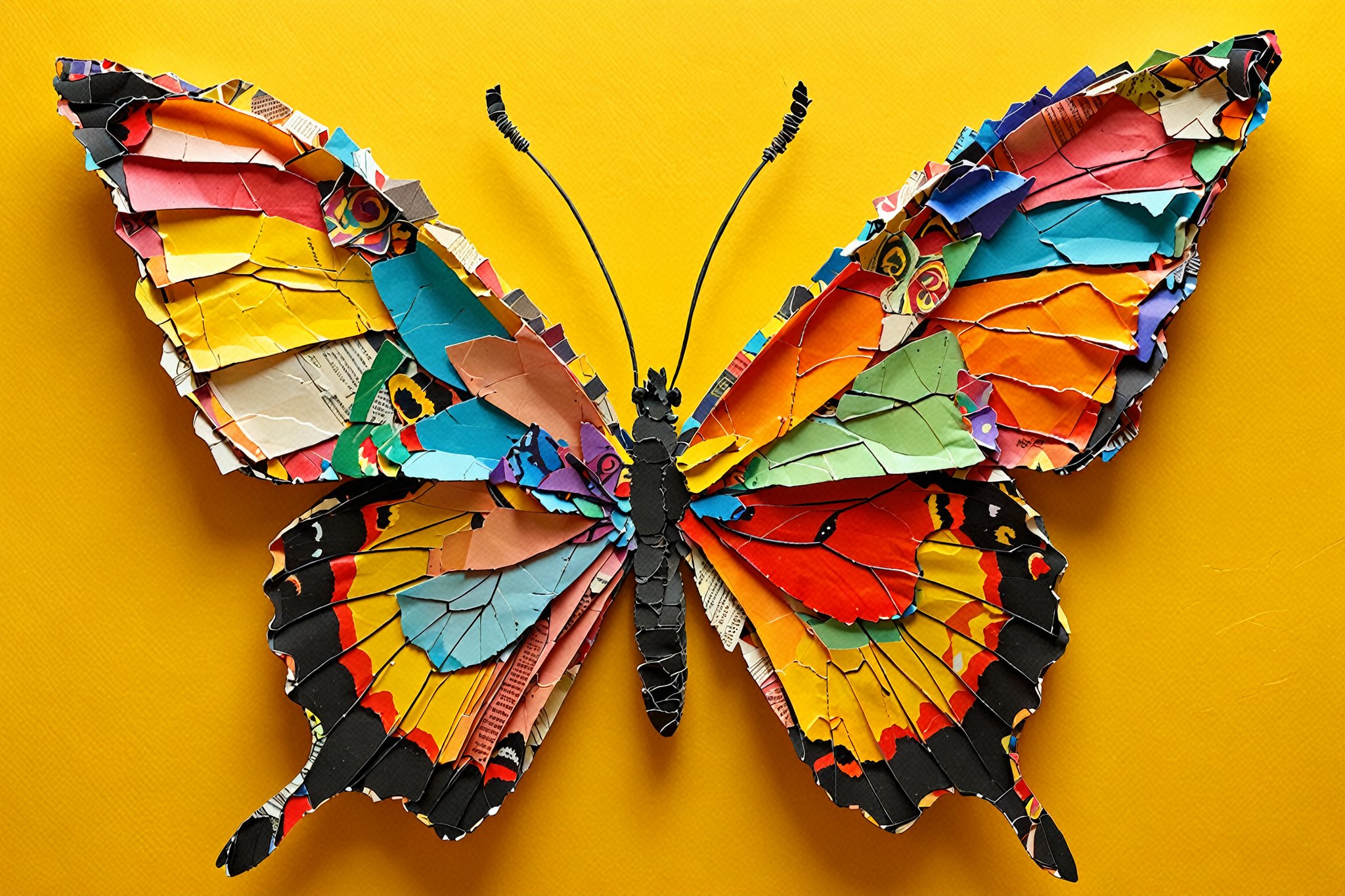 A vibrant butterfly made up of various colored paper fragments, predominantly against a bright yellow background. The butterfly's wings are intricately crafted from these paper pieces, displaying a myriad of colors and textual elements. The body and antennae of the butterfly are formed using a combination of paper and wire. The overall artwork seems to be a creative representation of nature, blending the organic form of a butterfly with the man-made materials of paper and wire.