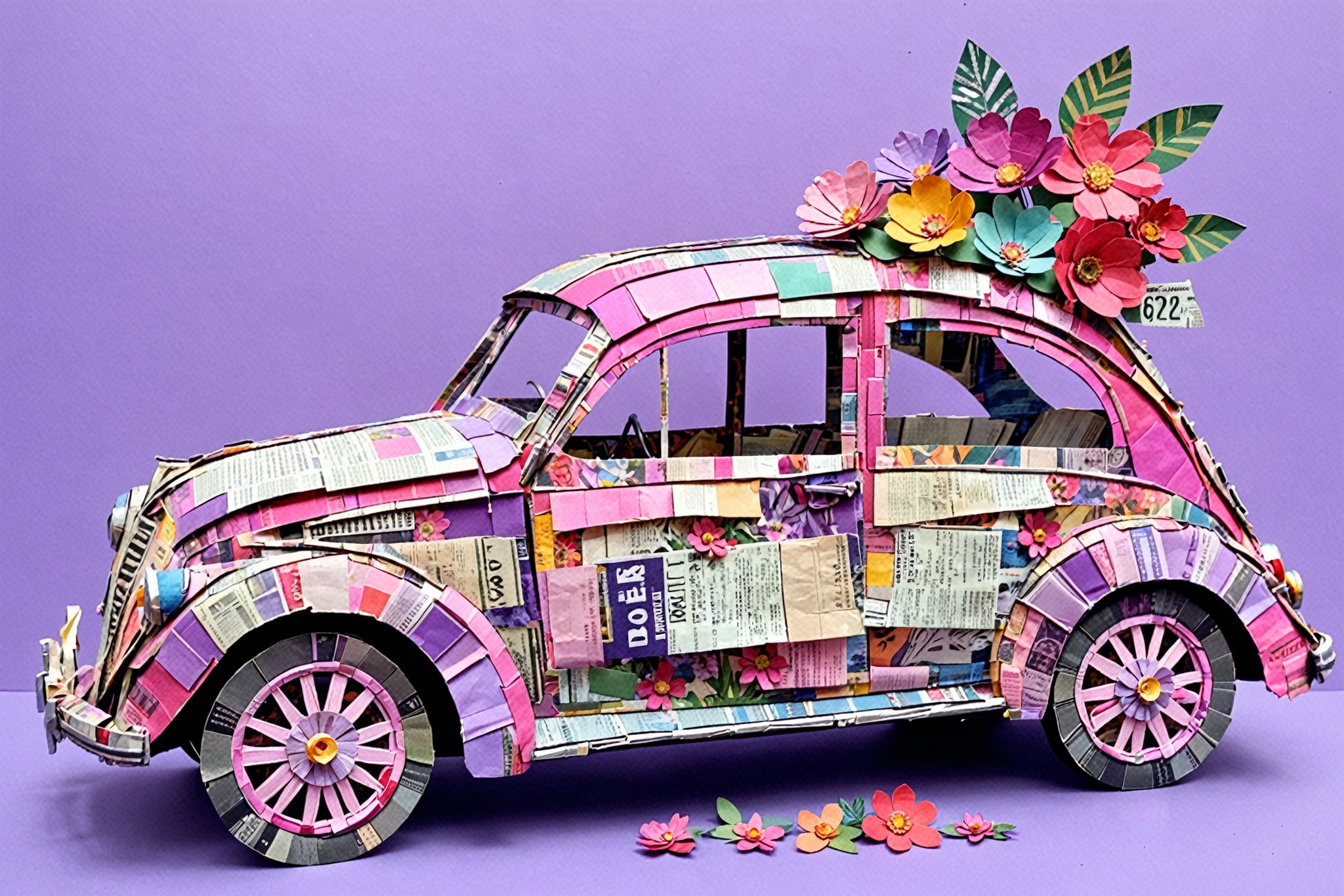 A vibrant and artistic representation of a car, meticulously crafted from various newspaper and magazine clippings. The car is predominantly in shades of pink and purple, with intricate details like windows, wheels, and a license plate. Adjacent to the car, there are two large pink flowers, one of which has a heart-shaped center. The entire composition is set against a lavender background, and the car is surrounded by a variety of paper flowers in different colors, positioned at the bottom.