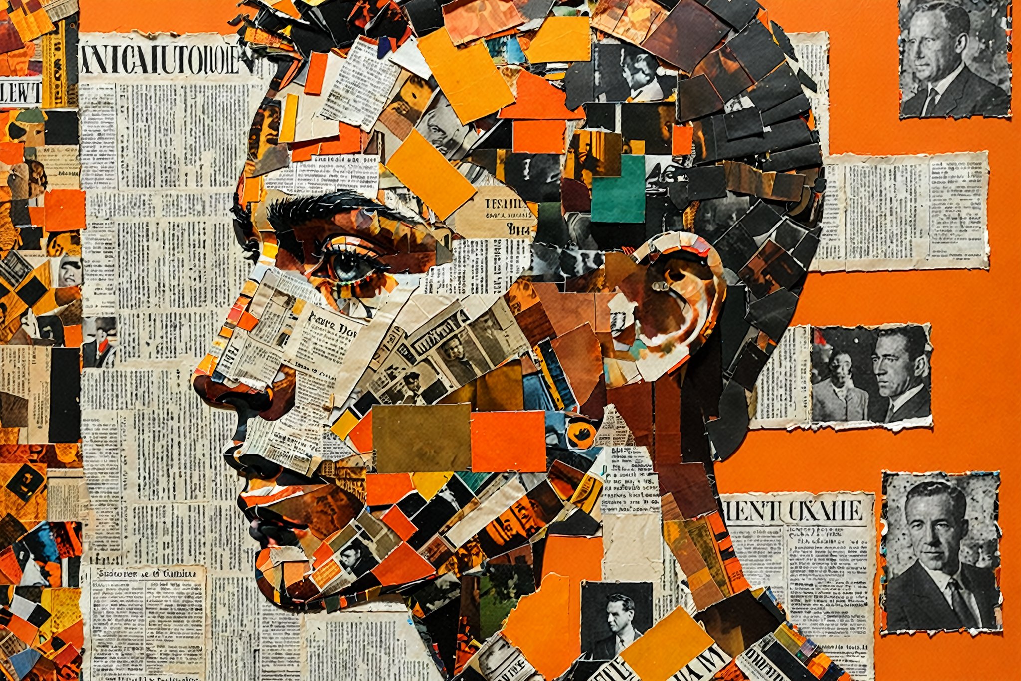 A side profile of a person's face, intricately crafted from a collage of various newspaper and magazine clippings. The background is a vibrant shade of orange, and the collage pieces are arranged in a manner that gives depth and dimension to the face. The eyes, nose, and mouth are distinctly visible, with the rest of the face being a mosaic of textual and visual elements.