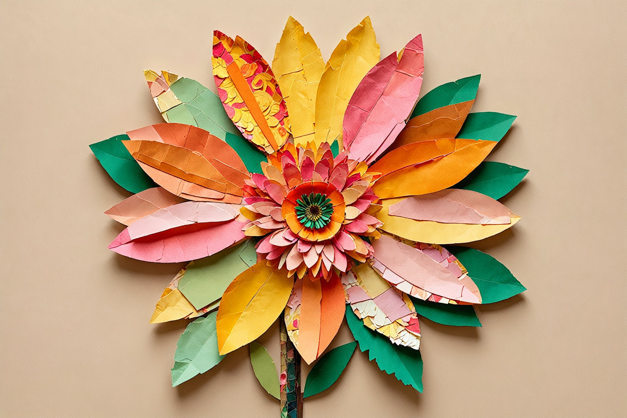 Close-up shot of a vibrant floral collage on a soft beige/light brown background. A colorful flower blooms, its delicate petals crafted from layers of pink, orange, and yellow paper pieces. The central circle shines bright with warm yellow light, surrounded by softly ruffled petals. The stem, composed of textured green paper, is adorned with subtle typographic elements. The overall composition exudes artistic charm, as if handcrafted with love and care.