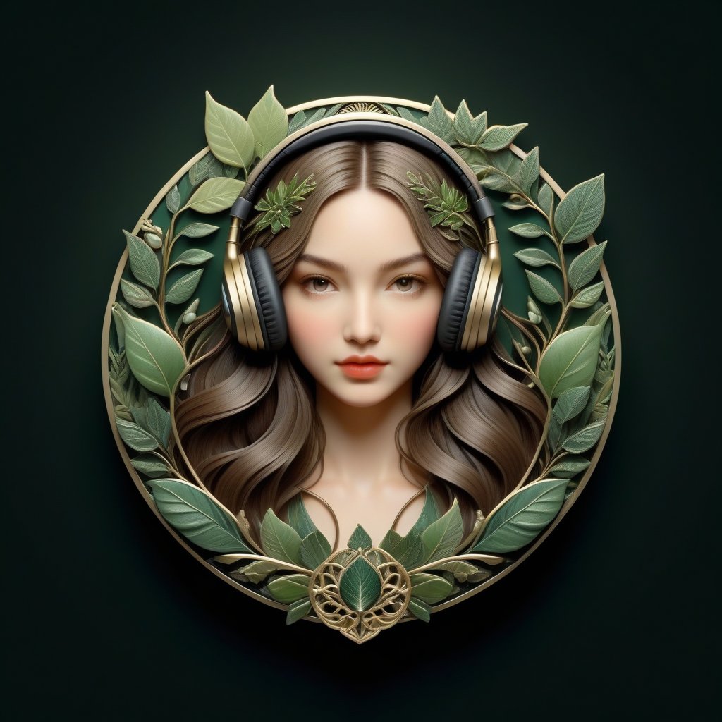 Score_9, Score_8_up, Score_7_up, Score_6_up, Score_5_up, Score_4_up, masterpiece, best quality,
BREAK
(FuturEvoLabBadge:1.5), Fresh green style badge,
BREAK
1girl, solo, beautiful girl with long flowing hair, wearing headphones, 
BREAK
front view, intricate design, symmetrical pattern, surrounded by leaves, intricate details, natural elements, serene expression, soft lighting, green and earthy tones, botanical theme, ethereal atmosphere, modern and organic blend emblem, vibrant hues, black background,FuturEvoLabBadge,FuturEvoLabgirl