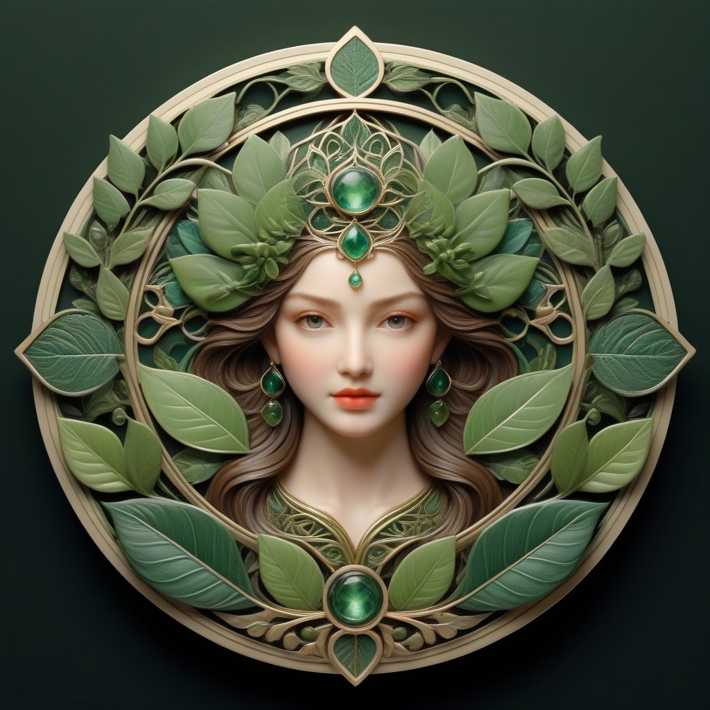 Score_9, Score_8_up, Score_7_up, Score_6_up, Score_5_up, Score_4_up, masterpiece, best quality,
BREAK
(FuturEvoLabBadge:1.5), Fresh green style badge,
BREAK
1girl, solo, 
BREAK
front view, intricate design, symmetrical pattern, surrounded by leaves, intricate details, natural elements, serene expression, soft lighting, green and earthy tones, botanical theme, ethereal atmosphere, modern and organic blend emblem, vibrant hues, black background, FuturEvoLabBadge, FuturEvoLabgirl