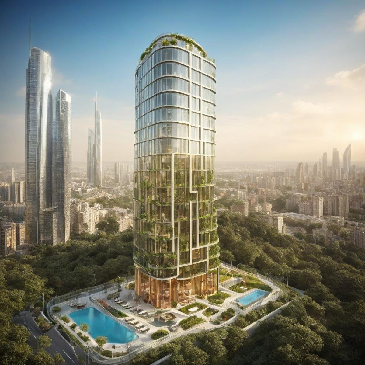 (a modern design skyscraper,  with a large tower and a pool in the middle of it,  surrounded by tall buildings,  futuristic:1.4), (Curved highways and viaducts,  streamlined building shapes,  glass curtains,  vertical elevators:1.3),  (building greening:0.8), (large file,  super realistic,  perfect,  photograpy,  construction sales photograpy,  Interior design,  super high resolution,  cinematic photography:1.2),  (amazing,  mystery,  Spectacular,  Luxurious,  elegance,  perfect design,  harmonious color:1.1), [:(Door details,  Window details,  Railing details,  Staircase details,  Furniture details,  Appliance details,  Vehicle details,  Leaf details,  Stone texture,  Wood texture,  Marble texture,  Cement texture,  metal texture,  glass texture:0.4):0.85], (blurred background:1.4), [(background,  more_details:0.3),  (more_details:0.6),  (more_details:0.8), (more_details:1.2):0.65], aw0k illuminate, vertical,<lora:EMS-59651-EMS:0.800000>,<lora:EMS-259973-EMS:0.800000>