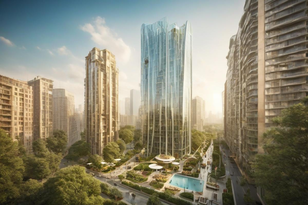 (a modern design skyscraper,  with a large tower and a pool in the middle of it,  surrounded by tall buildings,  futuristic:1.4), (Curved highways and viaducts,  streamlined building shapes,  glass curtains,  vertical elevators:1.3),  (building greening:0.8), (large file,  super realistic,  perfect,  photograpy,  construction sales photograpy,  Interior design,  super high resolution,  cinematic photography:1.2),  (amazing,  mystery,  Spectacular,  Luxurious,  elegance,  perfect design,  harmonious color:1.1), [:(Door details,  Window details,  Railing details,  Staircase details,  Furniture details,  Appliance details,  Vehicle details,  Leaf details,  Stone texture,  Wood texture,  Marble texture,  Cement texture,  metal texture,  glass texture:0.4):0.85], (blurred background:1.4), [(background,  more_details:0.3),  (more_details:0.6),  (more_details:0.8), (more_details:1.2):0.65], aw0k illuminate, vertical,<lora:EMS-59651-EMS:0.800000>,<lora:EMS-259973-EMS:0.800000>