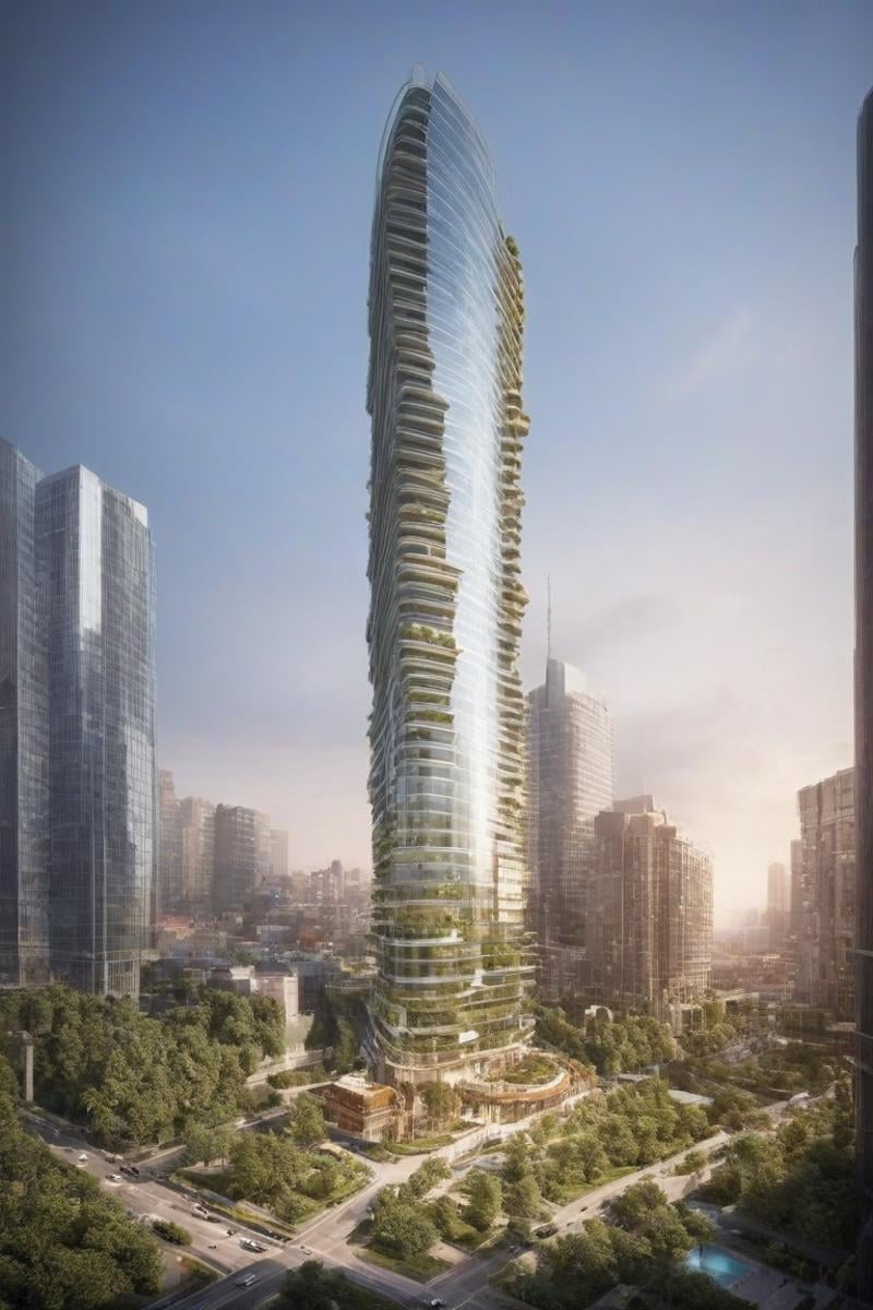 (a modern design skyscraper,  with a large tower and a pool in the middle of it,  surrounded by tall buildings,  futuristic:1.4), (Curved highways and viaducts,  streamlined building shapes,  glass curtains,  vertical elevators:1.3),  (building greening:0.8), (large file,  super realistic,  perfect,  photograpy,  construction sales photograpy,  Interior design,  super high resolution,  cinematic photography:1.2),  (amazing,  mystery,  Spectacular,  Luxurious,  elegance,  perfect design,  harmonious color:1.1), [:(Door details,  Window details,  Railing details,  Staircase details,  Furniture details,  Appliance details,  Vehicle details,  Leaf details,  Stone texture,  Wood texture,  Marble texture,  Cement texture,  metal texture,  glass texture:0.4):0.85], (blurred background:1.4), [(background,  more_details:0.3),  (more_details:0.6),  (more_details:0.8), (more_details:1.2):0.65], aw0k illuminate, vertical,<lora:EMS-59651-EMS:0.400000>,<lora:EMS-260919-EMS:1.200000>