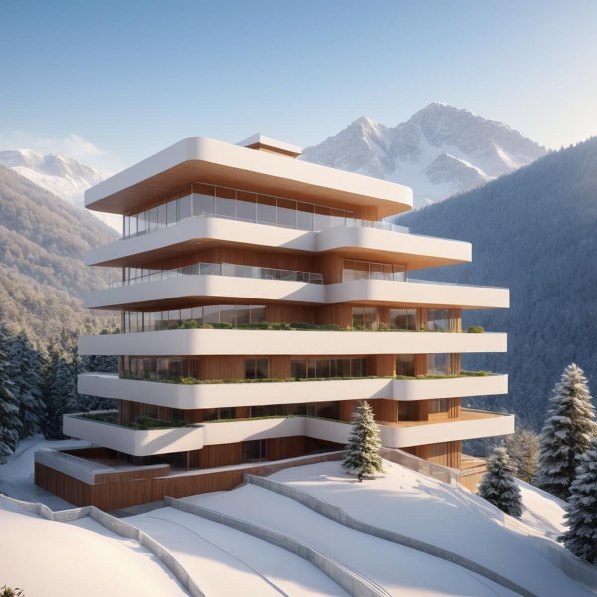 (Exquisite villa in the snow-capped mountains and coniferous forest:1.3),  (modern architecture:1.2),  (Richard Meier:1.2),  (Mario Botta:1.3), (Large Files,  Ultra Realistic,  8K,  16k,  FHD,  HD,  VFX,  Perfect,  Photography,  composition,  Architecture Sales Photography,  Architecture Competition,  Ultra High Resolution,  Cinematography,  High Resolution Image:1.1),  (dramatic lighting,  direct sunlight,  ray tracing,  clear shadow:1.2),  (real landscape:1.1),  (blurred background:1.0),  (urban background,  more_details),  , horizontal,<lora:EMS-61413-EMS:0.400000>,<lora:EMS-274228-EMS:0.400000>,<lora:EMS-301227-EMS:1.100000>