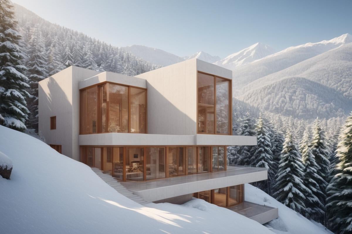 (Exquisite villa in the snow-capped mountains and coniferous forest:1.3),  (modern architecture:1.2),  (Richard Meier:1.2),  (Mario Botta:1.3), (Large Files,  Ultra Realistic,  8K,  16k,  FHD,  HD,  VFX,  Perfect,  Photography,  composition,  Architecture Sales Photography,  Architecture Competition,  Ultra High Resolution,  Cinematography,  High Resolution Image:1.1),  (dramatic lighting,  direct sunlight,  ray tracing,  clear shadow:1.2),  (real landscape:1.1),  (blurred background:1.0),  (urban background,  more_details) , vertical, stacked, void,<lora:EMS-61413-EMS:0.300000>,<lora:EMS-274228-EMS:0.300000>,<lora:EMS-297692-EMS:1.200000>