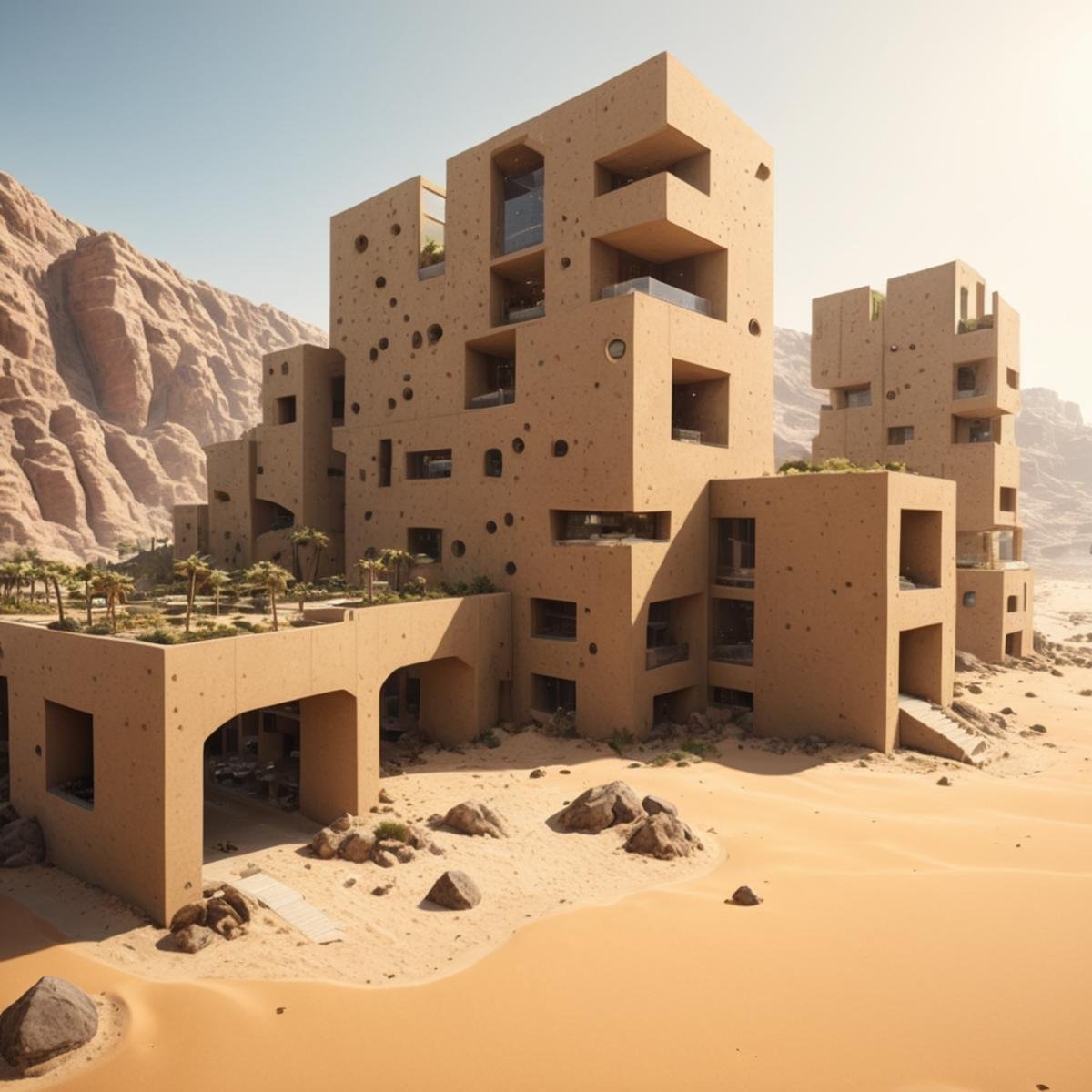 (future city,  Shopping malls,  department stores,  hotels and commercial offices on a rocky coast,  in a desert oasis,  half buried in the sand:1.3),  (avant-garde,  future,  reality,  science fiction,  photorealistic),  (modern architecture:1.2),  (Large Files,  Ultra Realistic,  8K,  16k,  FHD,  HD,  VFX,  Perfect,  Photography,  composition,  Architecture Sales Photography,  Architecture Competition,  Ultra High Resolution,  Cinematography,  High Resolution Image:1.1),  (dramatic lighting,  direct sunlight,  ray tracing,  clear shadow:1.2),  (real landscape:1.1),  (blurred background:1.0),  (urban background,  more_details) , vertical, stacked, void,<lora:EMS-61413-EMS:0.300000>,<lora:EMS-274228-EMS:0.300000>,<lora:EMS-297692-EMS:1.200000>