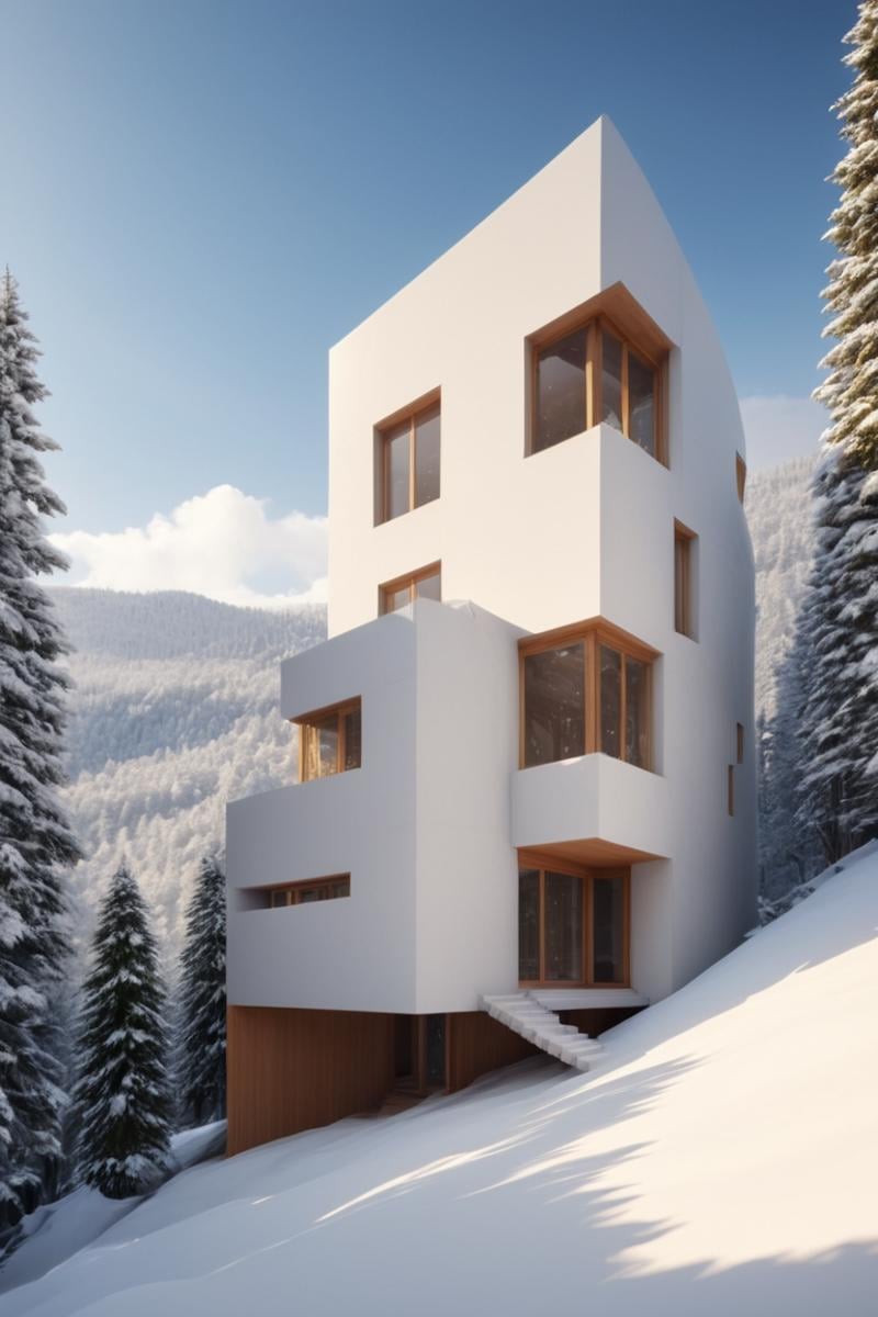 (Exquisite villa in the snow-capped mountains and coniferous forest:1.3),  (modern architecture:1.2),  (Richard Meier:1.2),  (Mario Botta:1.3), (Large Files,  Ultra Realistic,  8K,  16k,  FHD,  HD,  VFX,  Perfect,  Photography,  composition,  Architecture Sales Photography,  Architecture Competition,  Ultra High Resolution,  Cinematography,  High Resolution Image:1.1),  (dramatic lighting,  direct sunlight,  ray tracing,  clear shadow:1.2),  (real landscape:1.1),  (blurred background:1.0),  (urban background,  more_details) , vertical, stacked, void,<lora:EMS-61413-EMS:0.300000>,<lora:EMS-274228-EMS:0.300000>,<lora:EMS-297692-EMS:1.200000>