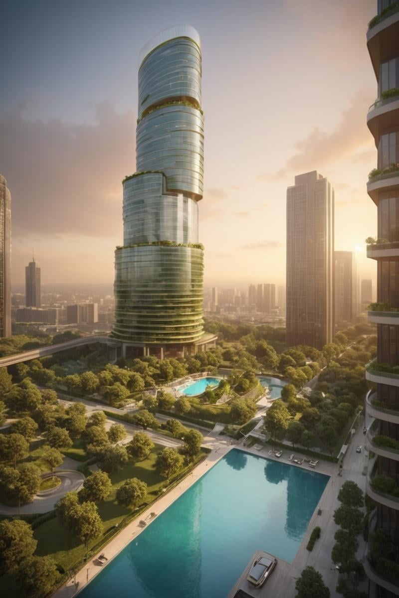 (a modern design skyscraper,  with a large tower and a pool in the middle of it,  surrounded by tall buildings,  futuristic:1.4),  (Curved highways and viaducts,  streamlined building shapes,  glass curtains,  vertical elevators:1.3),  (building greening:0.8),  (large file,  super realistic,  perfect,  photograpy,  construction sales photograpy,  Interior design,  super high resolution,  cinematic photography:1.2),  (amazing,  mystery,  Spectacular,  Luxurious,  elegance,  perfect design,  harmonious color:1.1),  [:(Door details,  Window details,  Railing details,  Staircase details,  Furniture details,  Appliance details,  Vehicle details,  Leaf details,  Stone texture,  Wood texture,  Marble texture,  Cement texture,  metal texture,  glass texture:0.4):0.85],  (blurred background:1.4),  [(background,  more_details:0.3),  (more_details:0.6),  (more_details:0.8),  (more_details:1.2):0.65],  aw0k illuminate,  vertical,<lora:EMS-294659-EMS:1.100000>,<lora:EMS-61413-EMS:0.300000>,<lora:EMS-274228-EMS:0.300000>