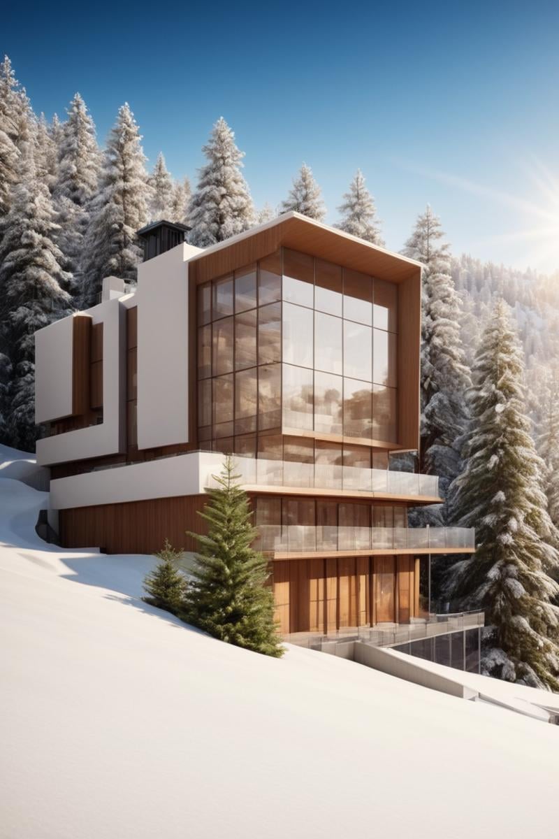 (Exquisite villa in the snow-capped mountains and coniferous forest:1.3), (modern architecture:1.2), (Richard Meier:1.2), (Mario Botta:1.3),(Large Files, Ultra Realistic, 8K, 16k, FHD, HD, VFX, Perfect, Photography, composition, Architecture Sales Photography, Architecture Competition, Ultra High Resolution, Cinematography, High Resolution Image:1.1), (dramatic lighting, direct sunlight, ray tracing, clear shadow:1.2), (real landscape:1.1), (blurred background:1.0), (urban background, more_details), ,horizontal,frames,<lora:EMS-61413-EMS:0.400000>,<lora:EMS-274228-EMS:0.400000>,<lora:EMS-305972-EMS:1.100000>