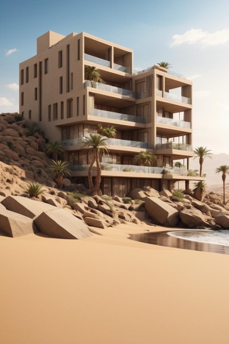 (future city, Shopping malls, department stores, hotels and commercial offices on a rocky coast, in a desert oasis, half buried in the sand:1.3), (avant-garde, future, reality, science fiction, photorealistic), (modern architecture:1.2), (Large Files, Ultra Realistic, 8K, 16k, FHD, HD, VFX, Perfect, Photography, composition, Architecture Sales Photography, Architecture Competition, Ultra High Resolution, Cinematography, High Resolution Image:1.1), (dramatic lighting, direct sunlight, ray tracing, clear shadow:1.2), (real landscape:1.1), (blurred background:1.0), (urban background, more_details), ,horizontal,frames,<lora:EMS-61413-EMS:0.400000>,<lora:EMS-274228-EMS:0.400000>,<lora:EMS-305972-EMS:1.000000>