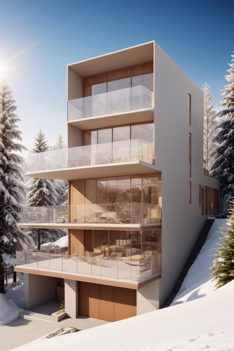 (Exquisite villa in the snow-capped mountains and coniferous forest:1.3), (modern architecture:1.2), (Richard Meier:1.2), (Mario Botta:1.3),(Large Files, Ultra Realistic, 8K, 16k, FHD, HD, VFX, Perfect, Photography, composition, Architecture Sales Photography, Architecture Competition, Ultra High Resolution, Cinematography, High Resolution Image:1.1), (dramatic lighting, direct sunlight, ray tracing, clear shadow:1.2), (real landscape:1.1), (blurred background:1.0), (urban background, more_details), ,horizontal,frames,<lora:EMS-274228-EMS:0.400000>,<lora:EMS-305972-EMS:1.100000>,<lora:EMS-61413-EMS:0.400000>