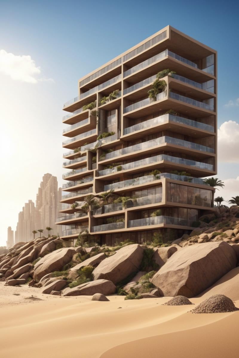 (future city, Shopping malls, department stores, hotels and commercial offices on a rocky coast, in a desert oasis, half buried in the sand:1.3), (avant-garde, future, reality, science fiction, photorealistic), (modern architecture:1.2), (Large Files, Ultra Realistic, 8K, 16k, FHD, HD, VFX, Perfect, Photography, composition, Architecture Sales Photography, Architecture Competition, Ultra High Resolution, Cinematography, High Resolution Image:1.1), (dramatic lighting, direct sunlight, ray tracing, clear shadow:1.2), (real landscape:1.1), (blurred background:1.0), (urban background, more_details), ,horizontal,frames,<lora:EMS-61413-EMS:0.400000>,<lora:EMS-274228-EMS:0.400000>,<lora:EMS-305972-EMS:1.000000>