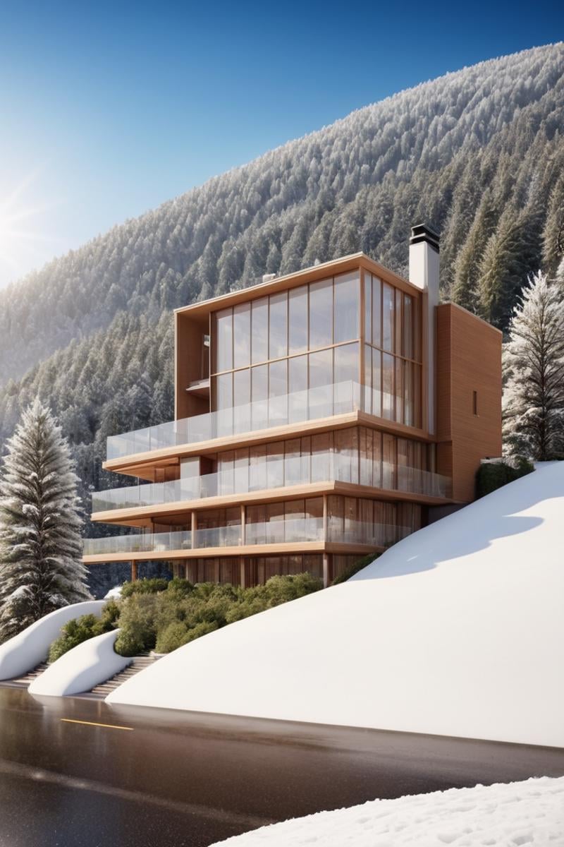 (Exquisite villa in the snow-capped mountains and coniferous forest:1.3), (modern architecture:1.2), (Richard Meier:1.2), (Mario Botta:1.3),(Large Files, Ultra Realistic, 8K, 16k, FHD, HD, VFX, Perfect, Photography, composition, Architecture Sales Photography, Architecture Competition, Ultra High Resolution, Cinematography, High Resolution Image:1.1), (dramatic lighting, direct sunlight, ray tracing, clear shadow:1.2), (real landscape:1.1), (blurred background:1.0), (urban background, more_details), ,horizontal,frames,<lora:EMS-274228-EMS:0.400000>,<lora:EMS-305972-EMS:1.100000>,<lora:EMS-61413-EMS:0.400000>